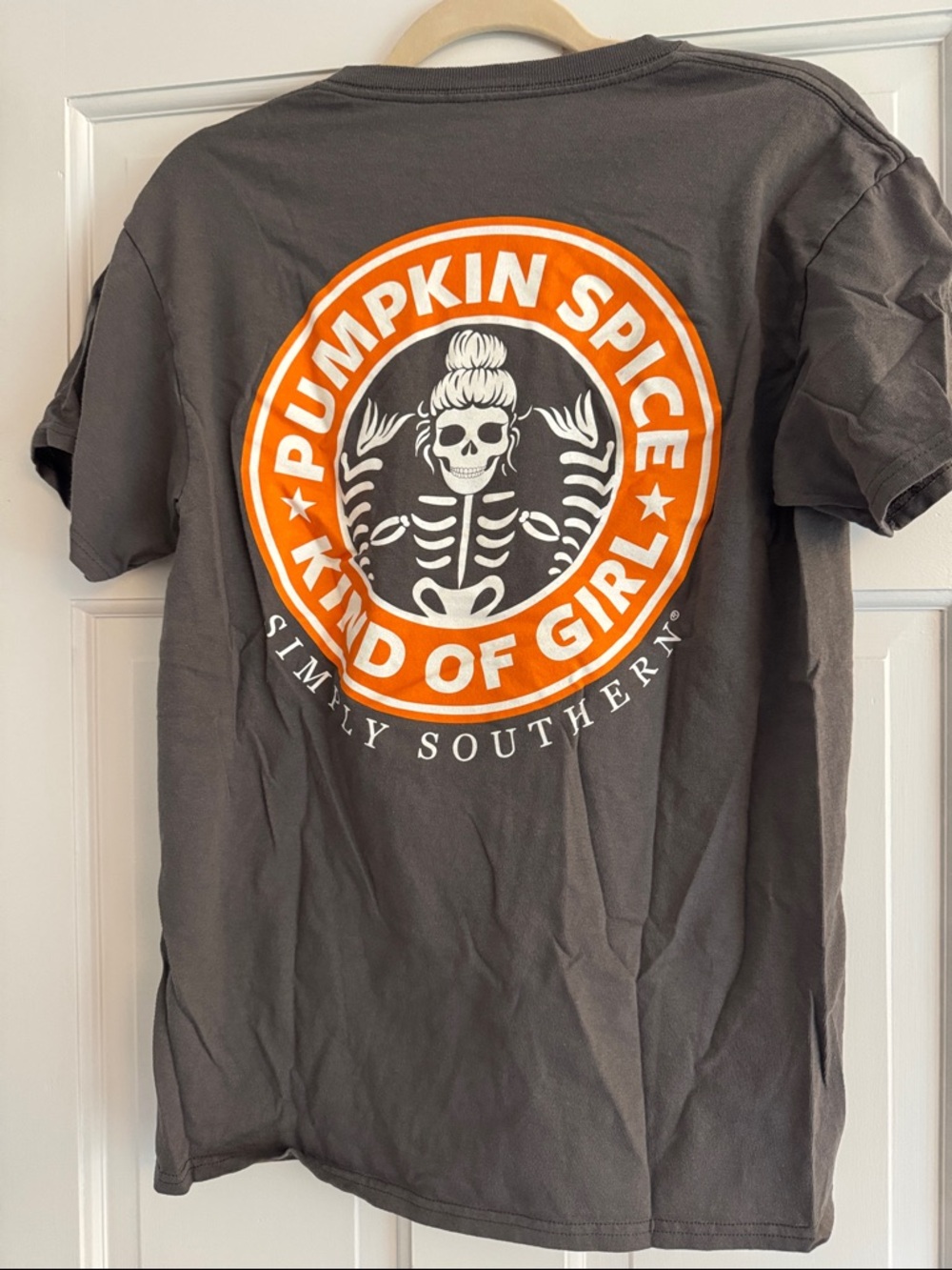 Simply Southern woman’s  Charcoal Tee with Orange Chest Logo- Pumpkin Spice